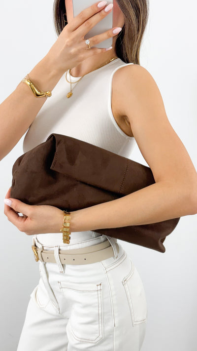 ADDISON FAUX SUEDE SLOUCH CLUTCH - CHOCOLATE