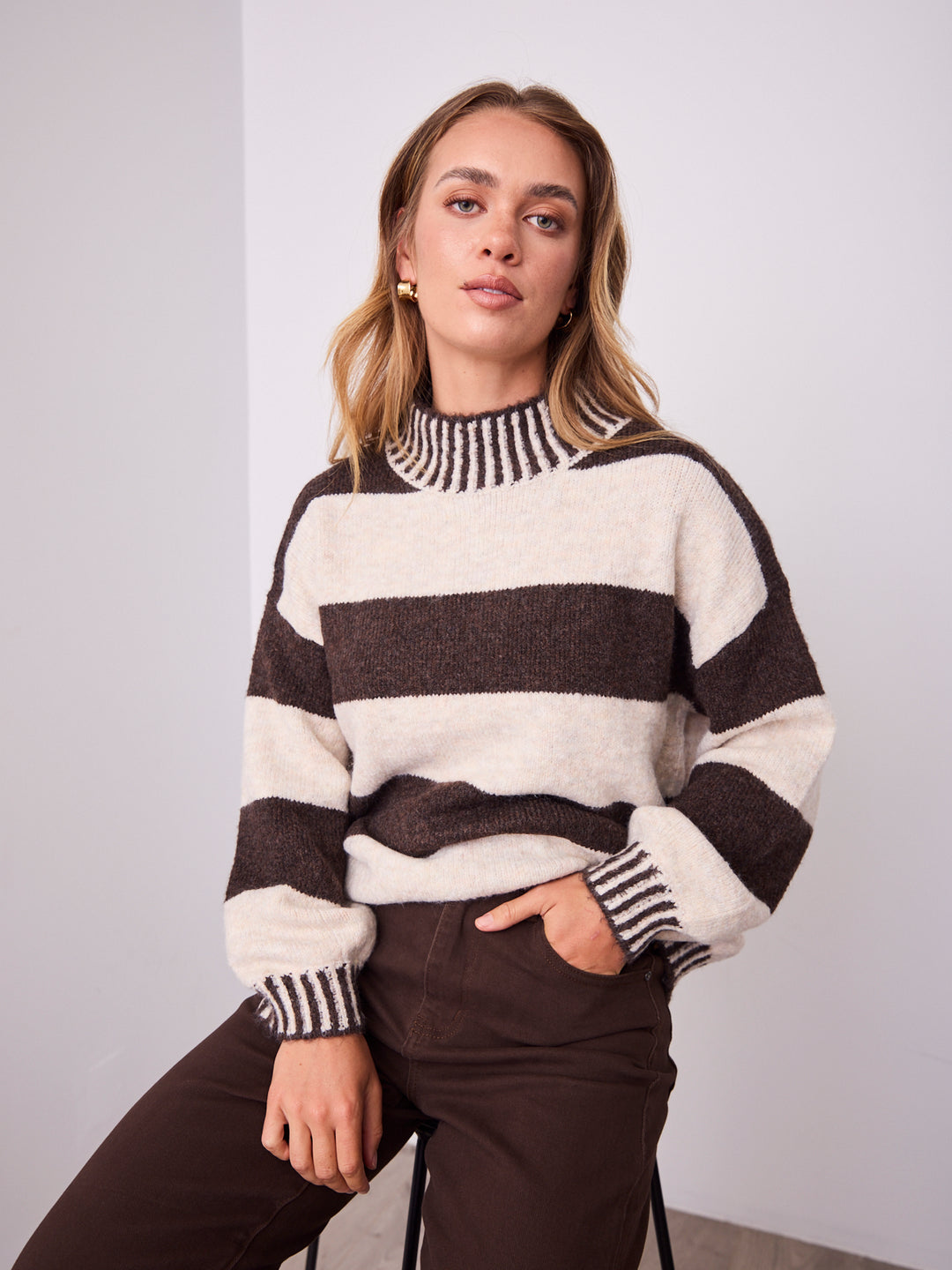 BESSIE BLOCK STRIPE KNIT - CHOCOLATE/OATMEAL