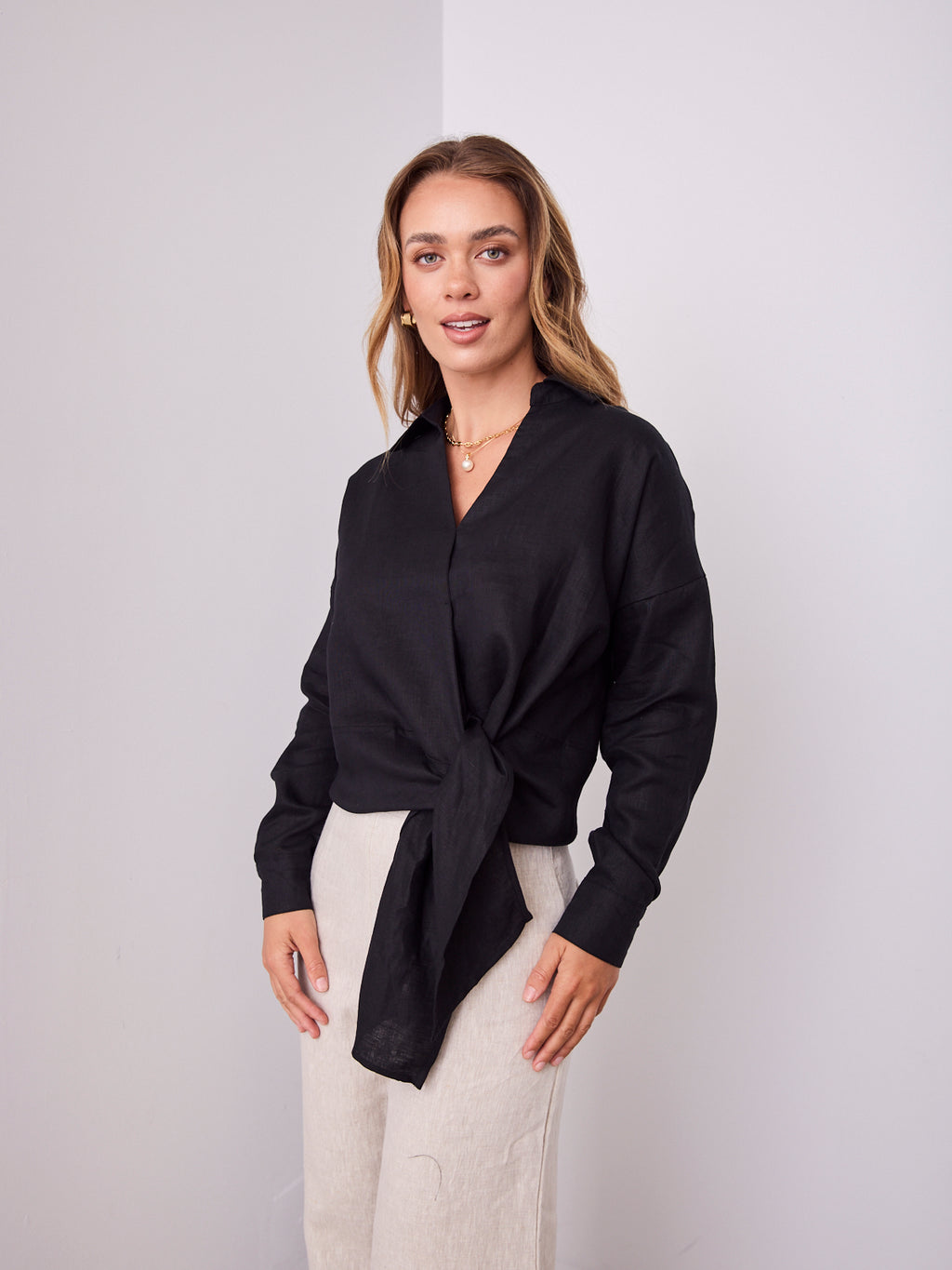 COMO LONG SLEEVE LINEN SHIRT - BLACK
