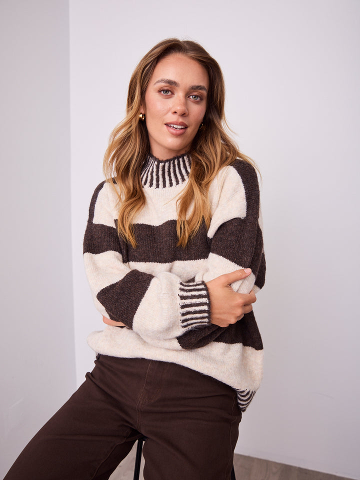 BESSIE BLOCK STRIPE KNIT - CHOCOLATE/OATMEAL