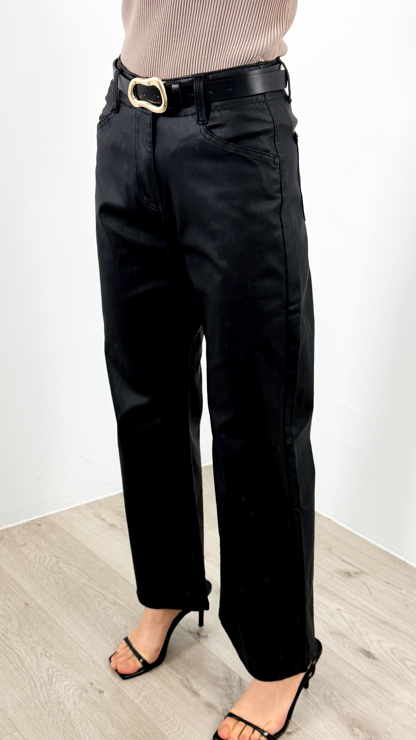 PERRY WAXED LOOK STRETCH WIDE LEG JEAN - BLACK