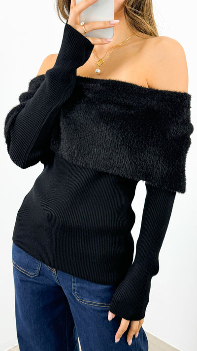 CARLY OFF SHOULDER KNIT TOP - BLACK