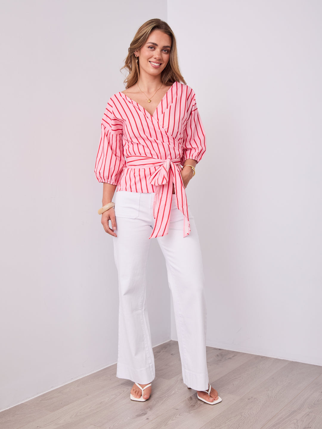 CANDICE STRIPE WRAP SHIRT - PINK