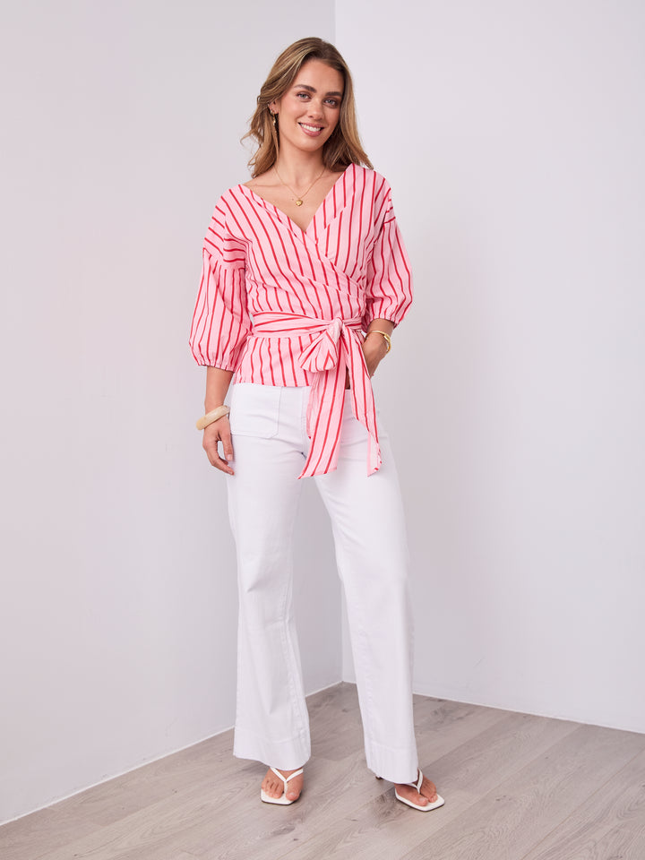 CANDICE STRIPE WRAP SHIRT - PINK