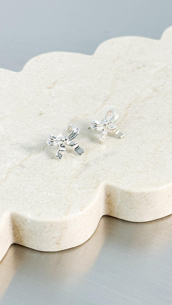 BOW STUD STERLING SILVER PLATED EARRINGS - SILVER