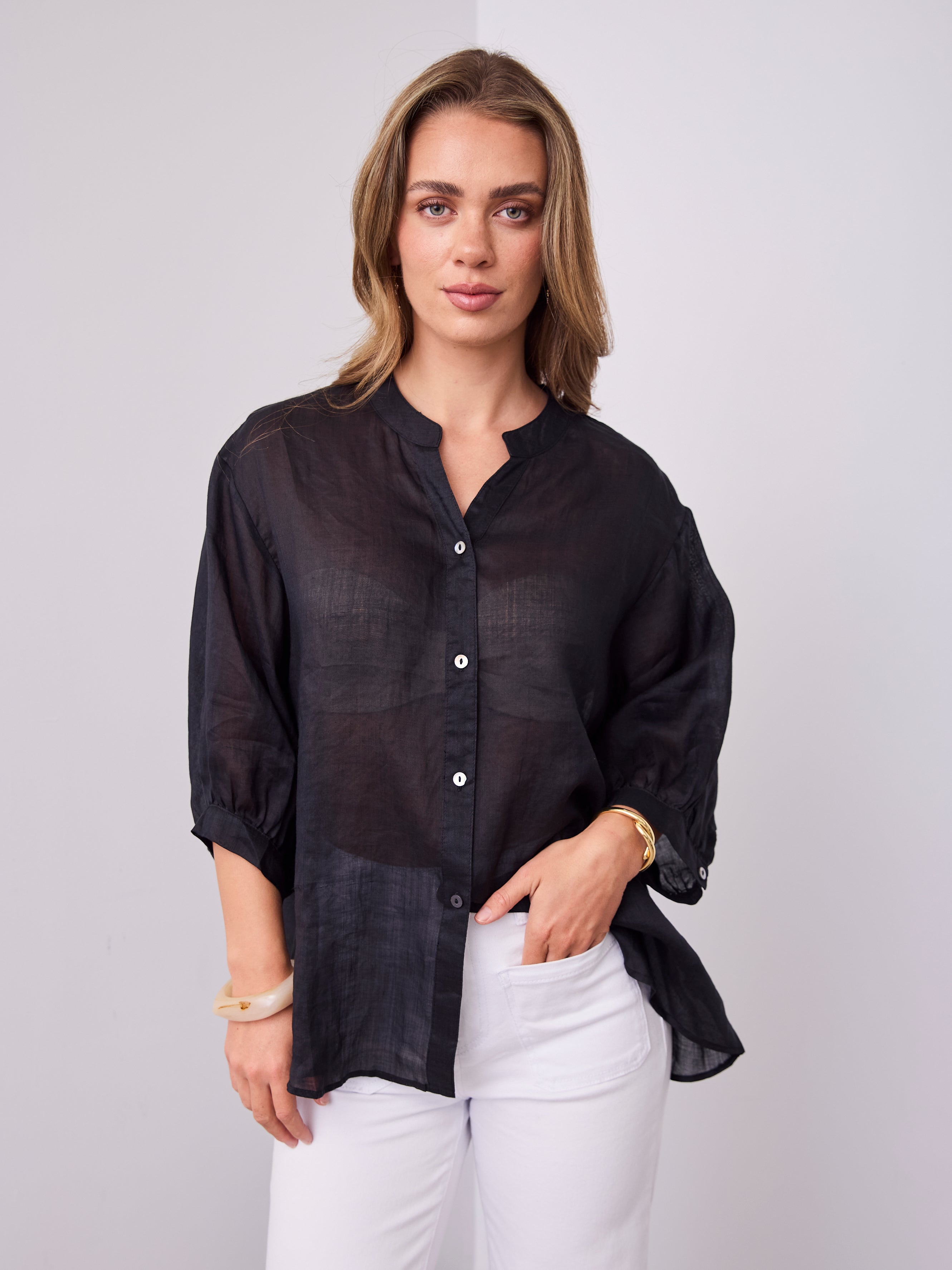 MARTA LINEN SHIRT - BLACK