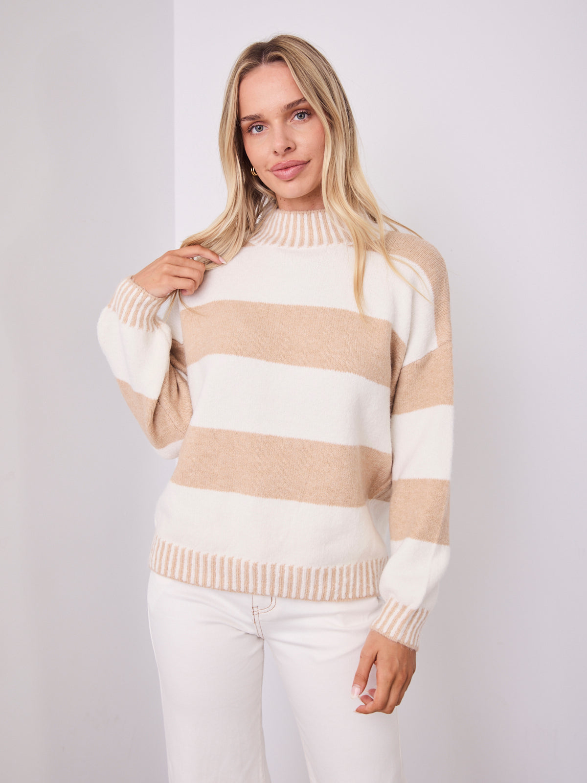 BESSIE BLOCK STRIPE KNIT - OATMEAL/WHITE