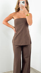 MYRA STRAPLESS TOP + PANT SET - CHOCOLATE