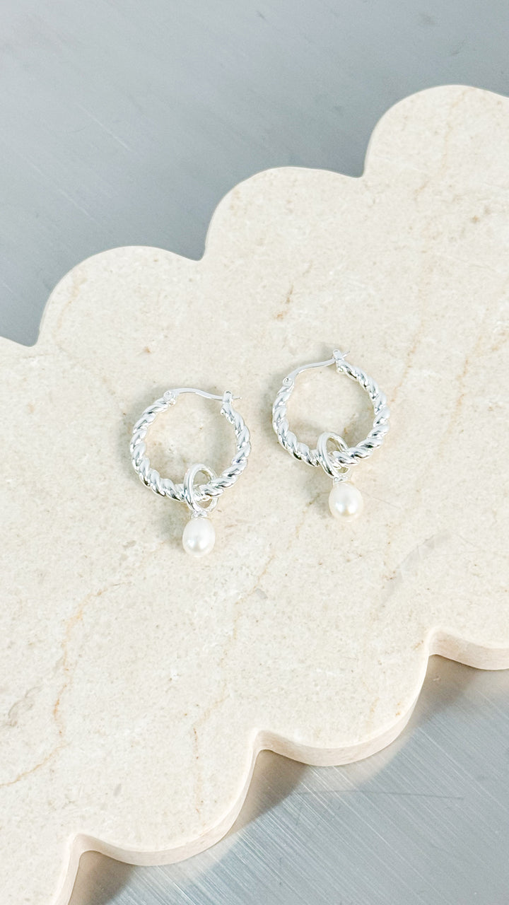 TWIST PEARL SILVER PLATED DROP EARRINGS - SILVER