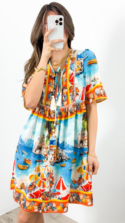 TRAPANI KNEE LENGTH DRESS - BLUE PRINT