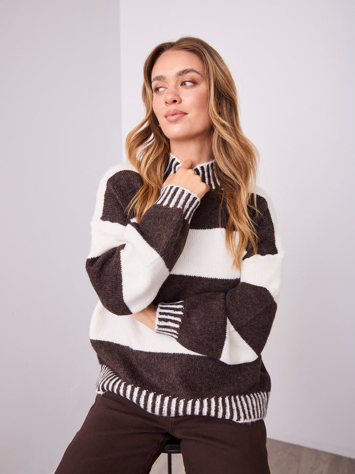 BESSIE BLOCK STRIPE KNIT - CHOCOLATE/WHITE