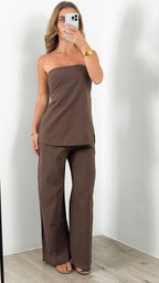MYRA STRAPLESS TOP + PANT SET - CHOCOLATE