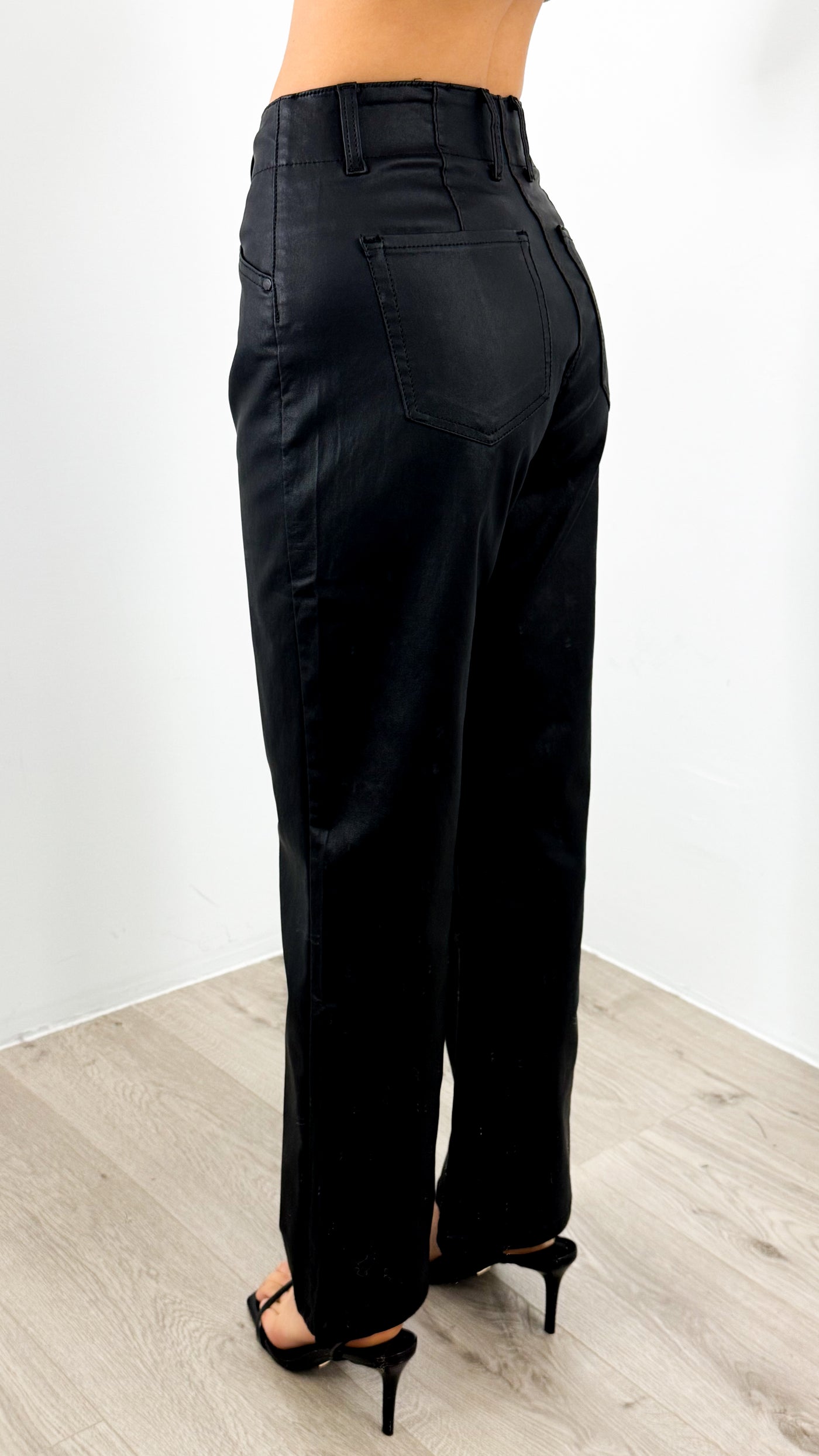 PERRY WAXED LOOK STRETCH WIDE LEG JEAN - BLACK