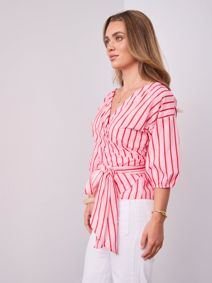 CANDICE STRIPE WRAP SHIRT - PINK