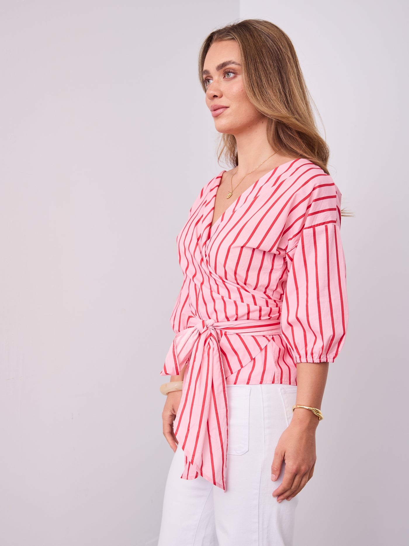 CANDICE STRIPE WRAP SHIRT - PINK