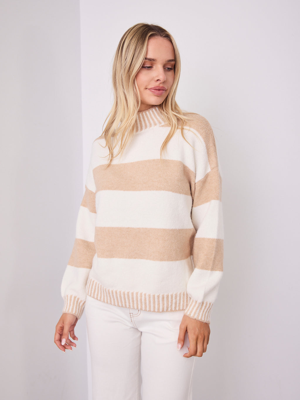 BESSIE BLOCK STRIPE KNIT - OATMEAL/WHITE