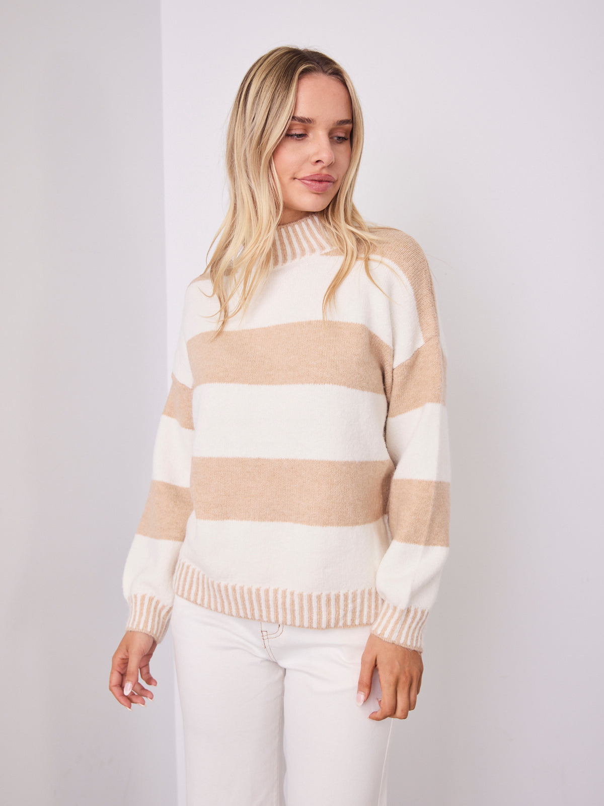 BESSIE BLOCK STRIPE KNIT - OATMEAL/WHITE