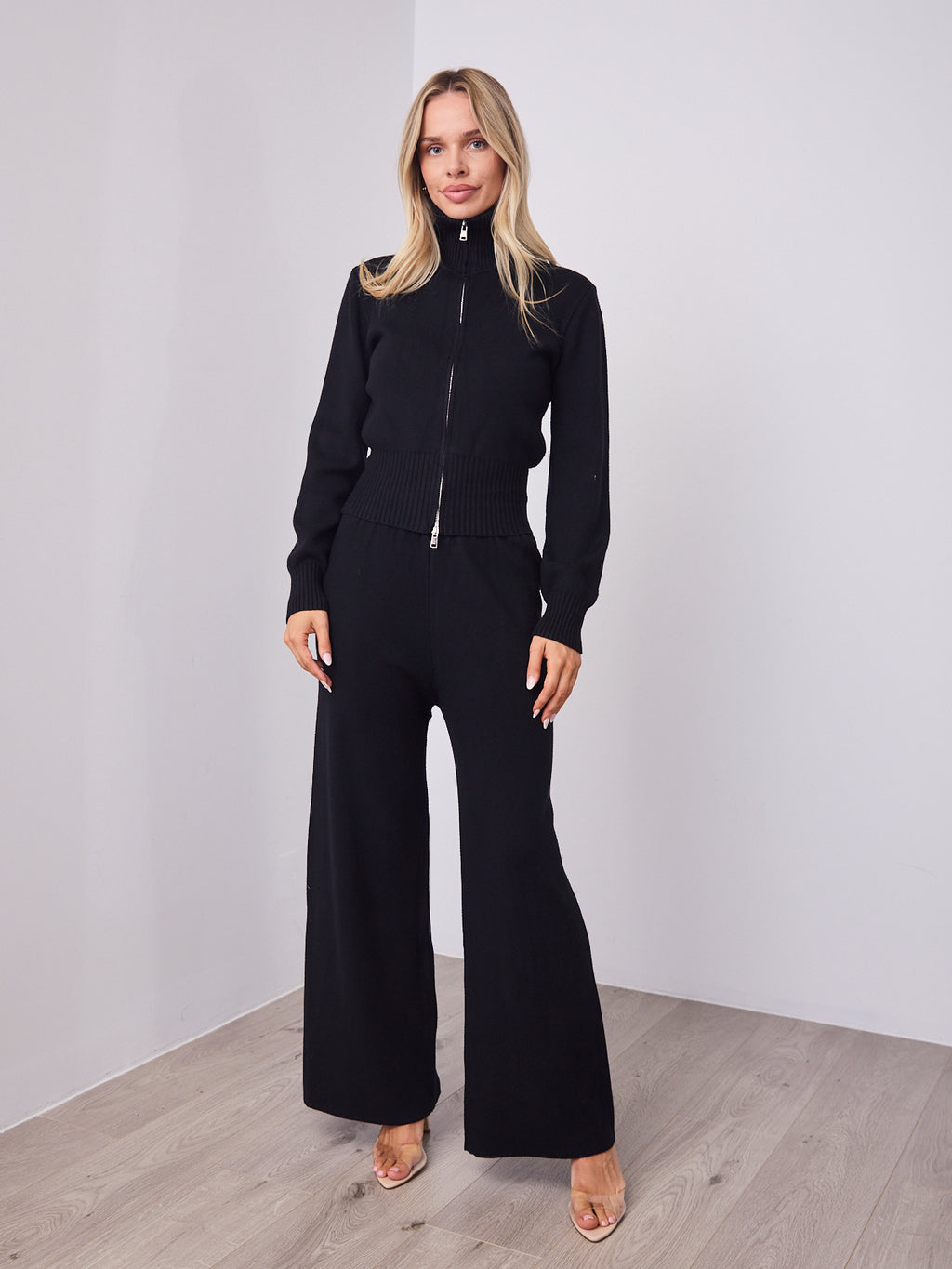 ENZA ZIP KNIT TOP & PANT SET - BLACK