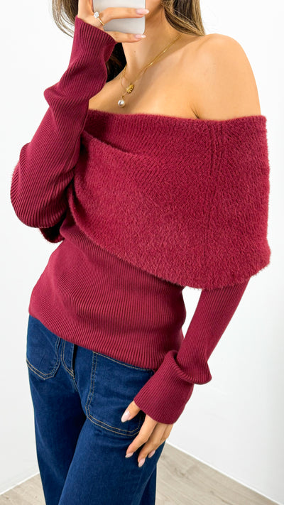 CARLY OFF SHOULDER KNIT TOP - WINE