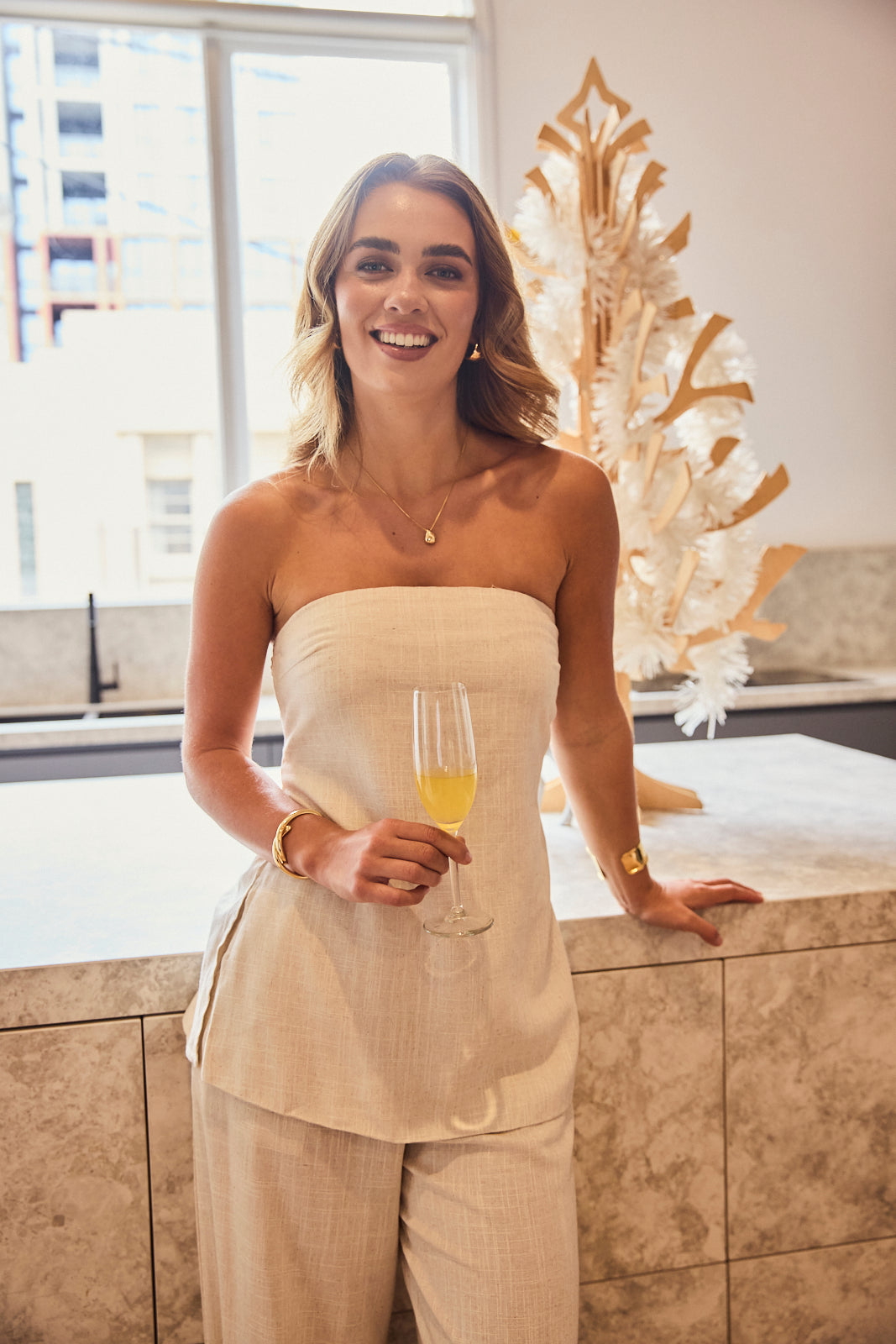 MYRA STRAPLESS TOP + PANT SET - OATMEAL