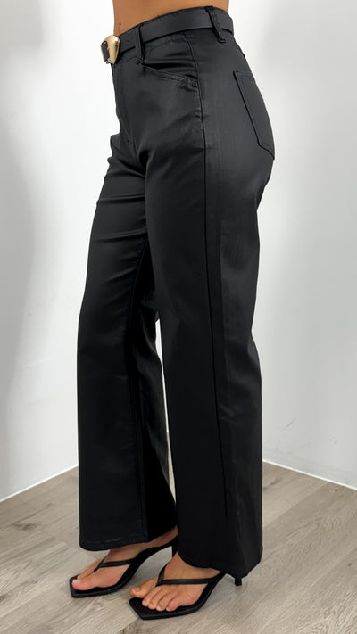 PERRY WAXED LOOK STRETCH WIDE LEG JEAN - BLACK