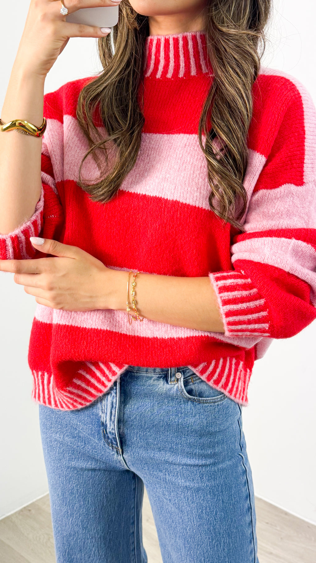 BESSIE BLOCK STRIPE KNIT - PINK/RED