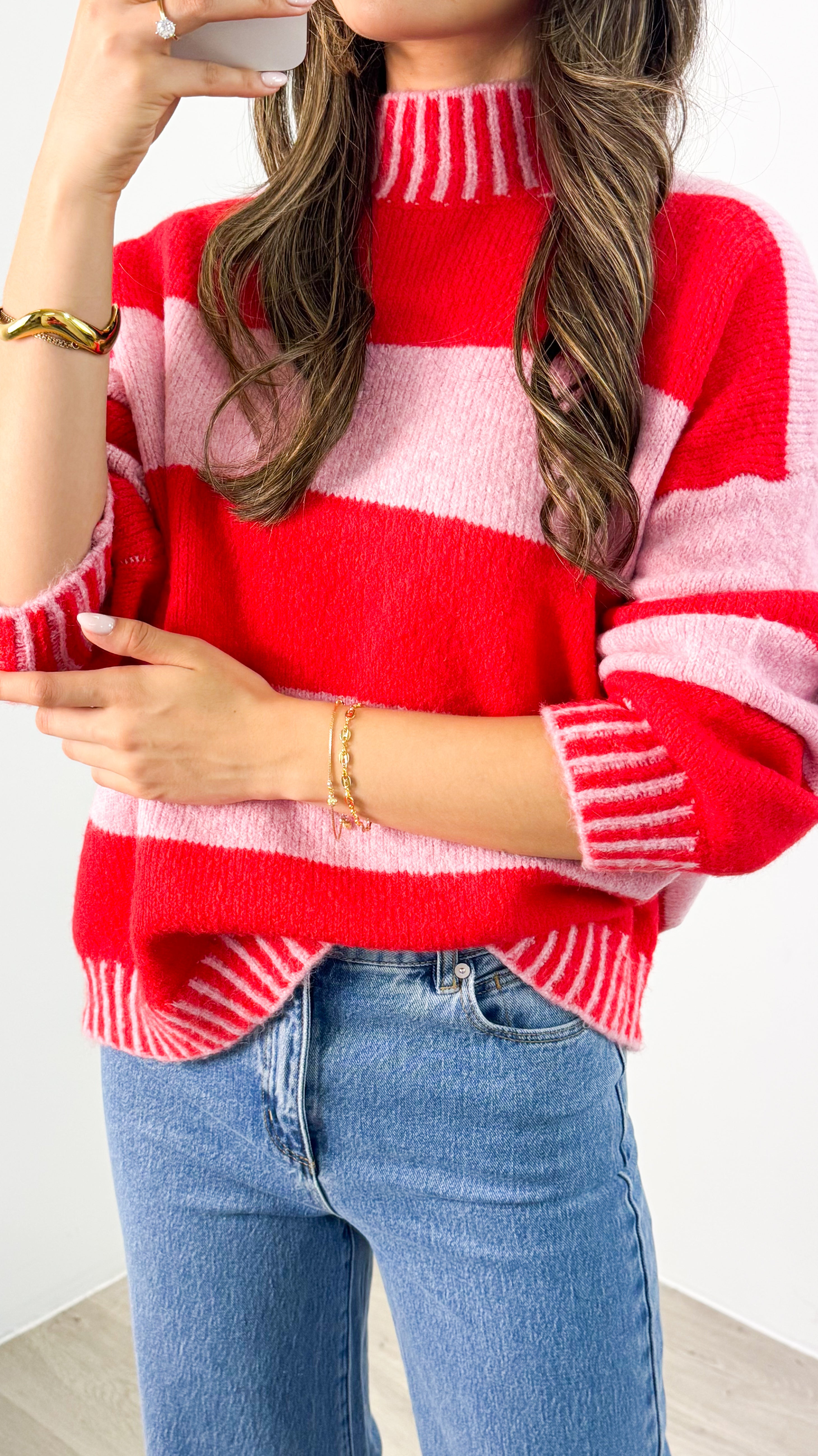 BESSIE BLOCK STRIPE KNIT - PINK/RED