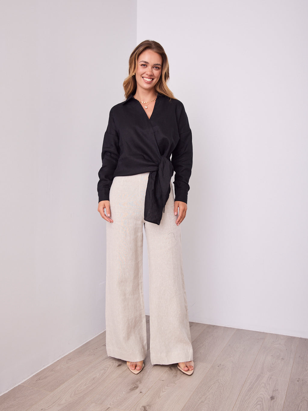 COMO LONG SLEEVE LINEN SHIRT - BLACK