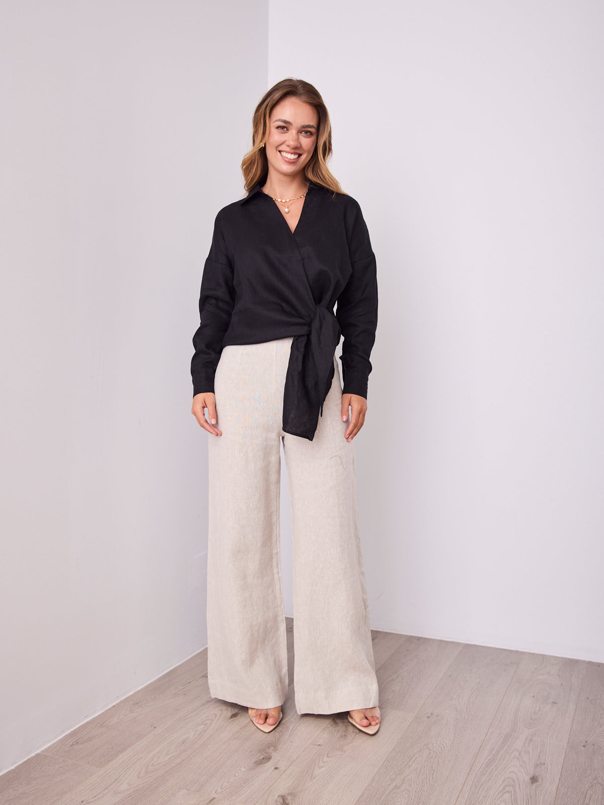 COMO LONG SLEEVE LINEN SHIRT - BLACK