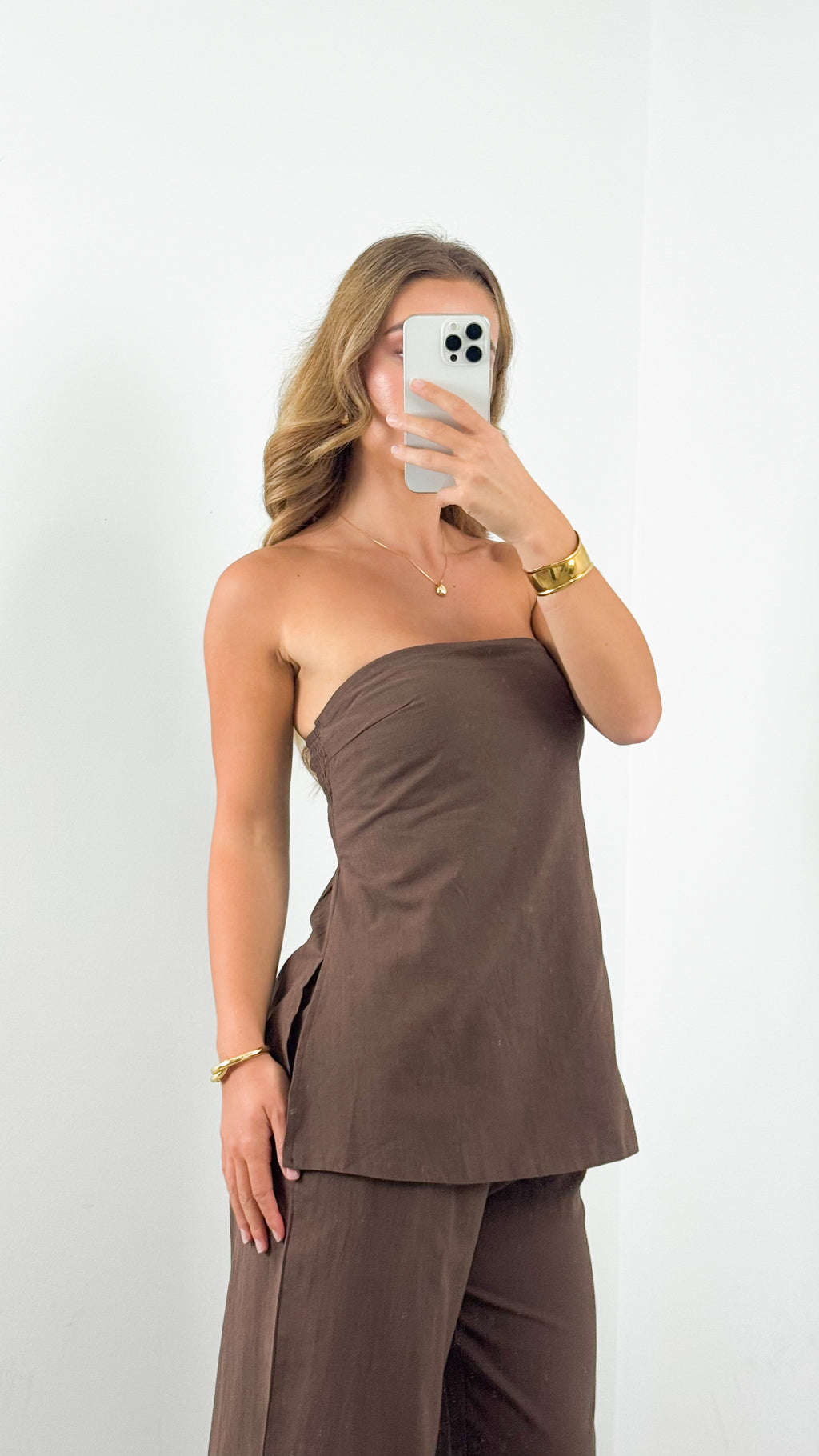 MYRA STRAPLESS TOP + PANT SET - CHOCOLATE