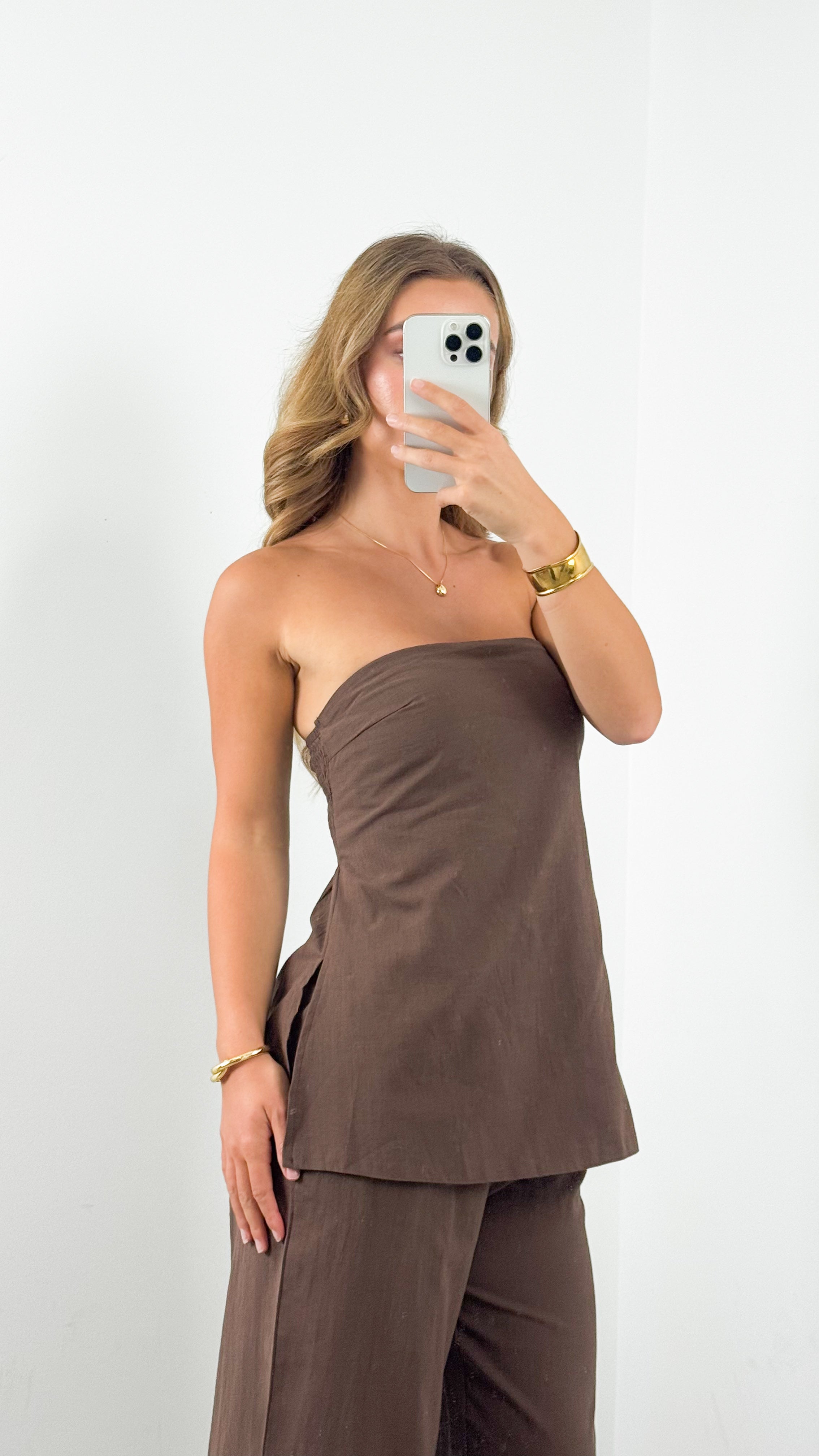 MYRA STRAPLESS TOP + PANT SET - CHOCOLATE
