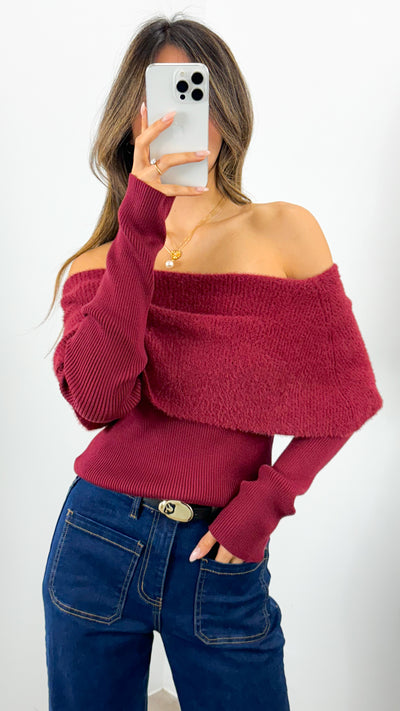 CARLY OFF SHOULDER KNIT TOP - WINE