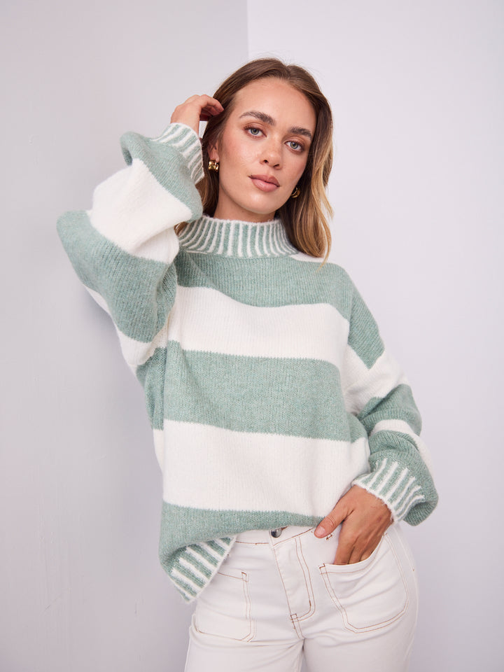 BESSIE BLOCK STRIPE KNIT - SAGE/WHITE