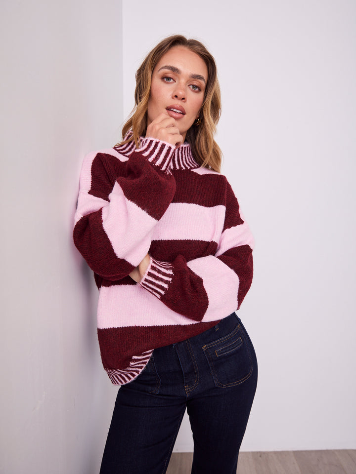 BESSIE BLOCK STRIPE KNIT - WINE/PINK
