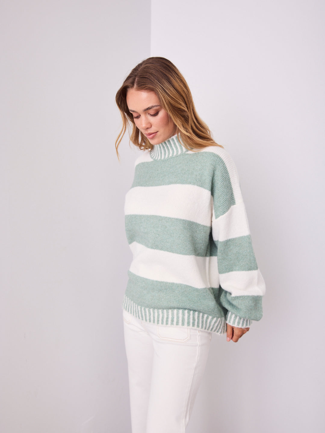 BESSIE BLOCK STRIPE KNIT - SAGE/WHITE