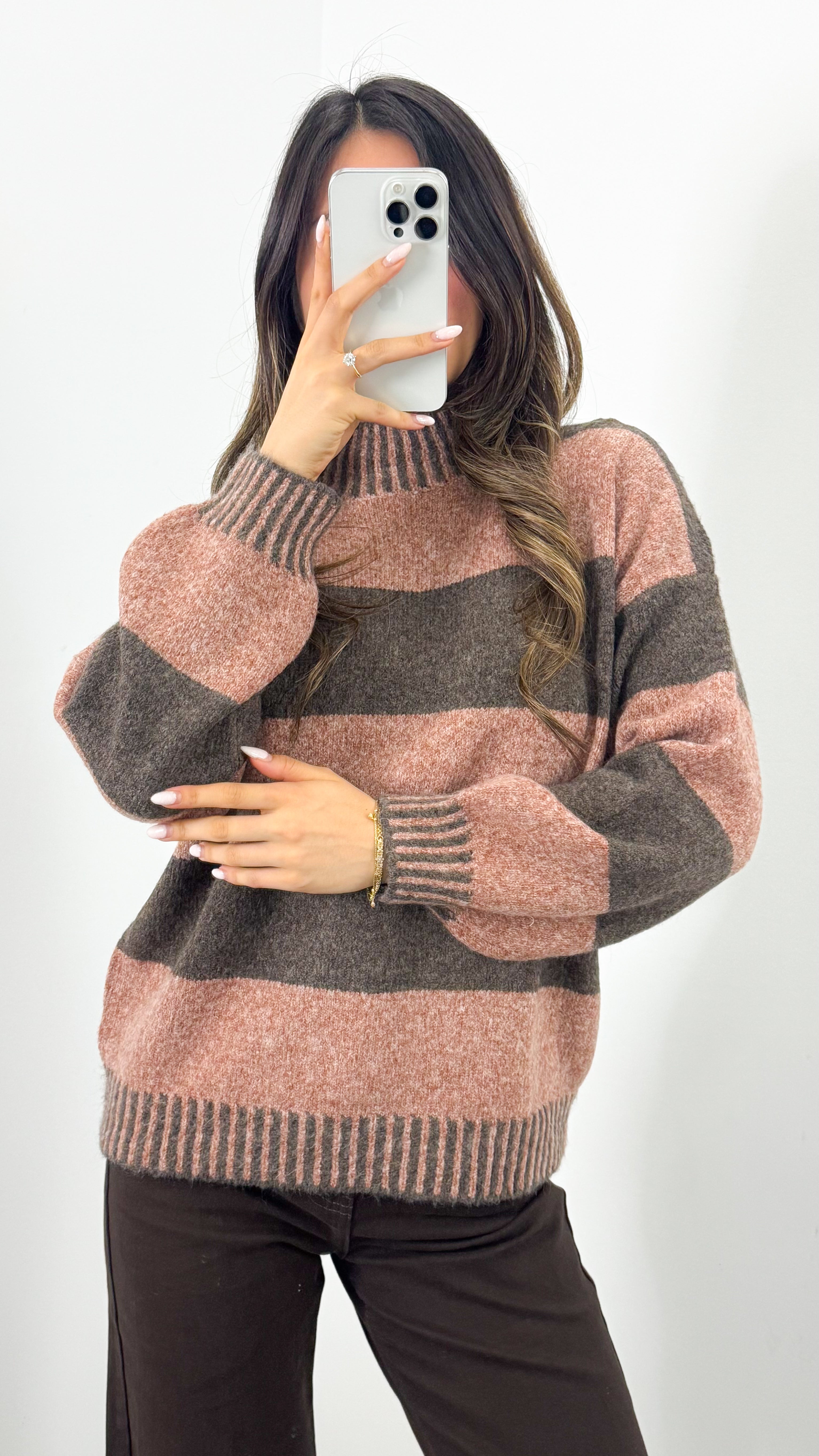 BESSIE BLOCK STRIPE KNIT - TOBACCO/CHOCOLATE