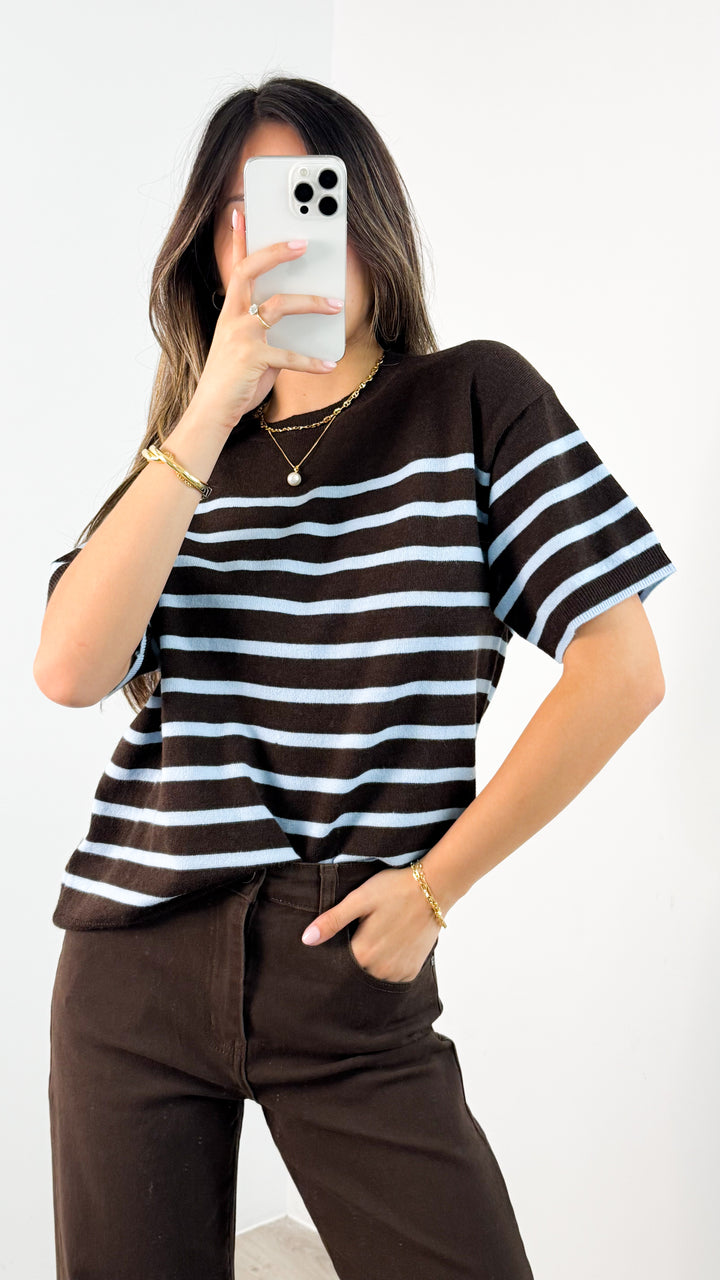 TALITA KNIT TEE - CHOCOLATE/BABY BLUE