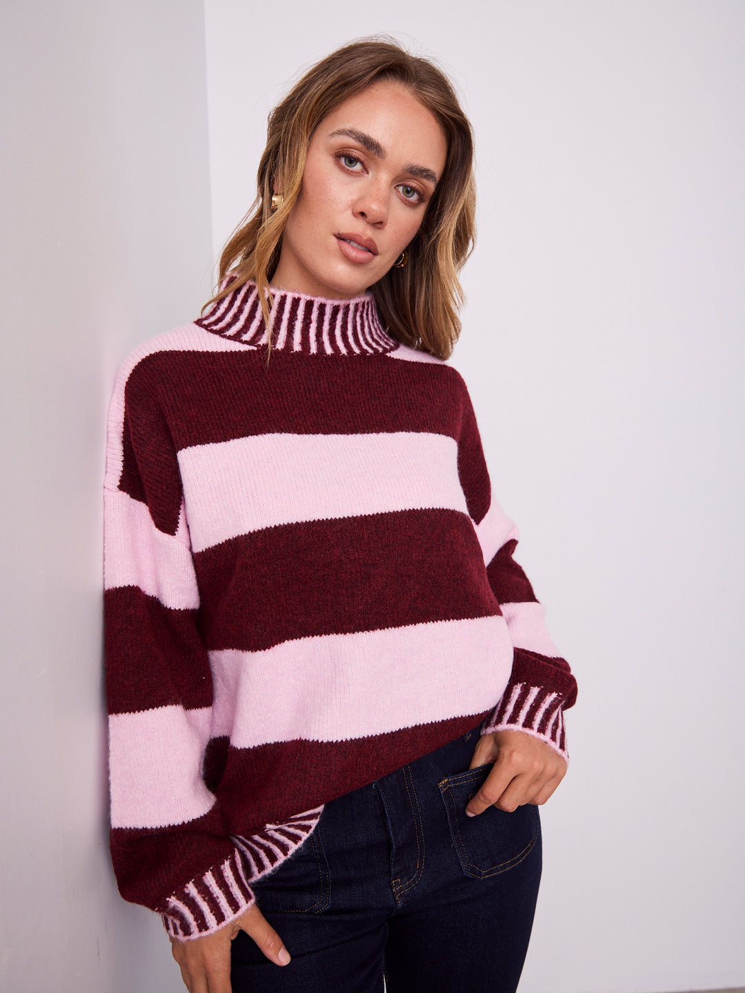 BESSIE BLOCK STRIPE KNIT - WINE/PINK