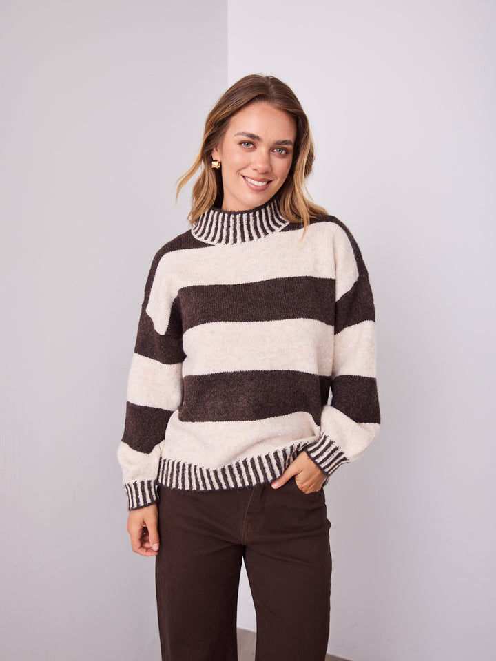 BESSIE BLOCK STRIPE KNIT - CHOCOLATE/OATMEAL