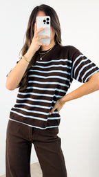 TALITA KNIT TEE - CHOCOLATE/BABY BLUE