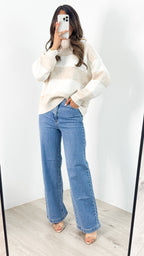 BESSIE BLOCK STRIPE KNIT - LATTE/WHITE