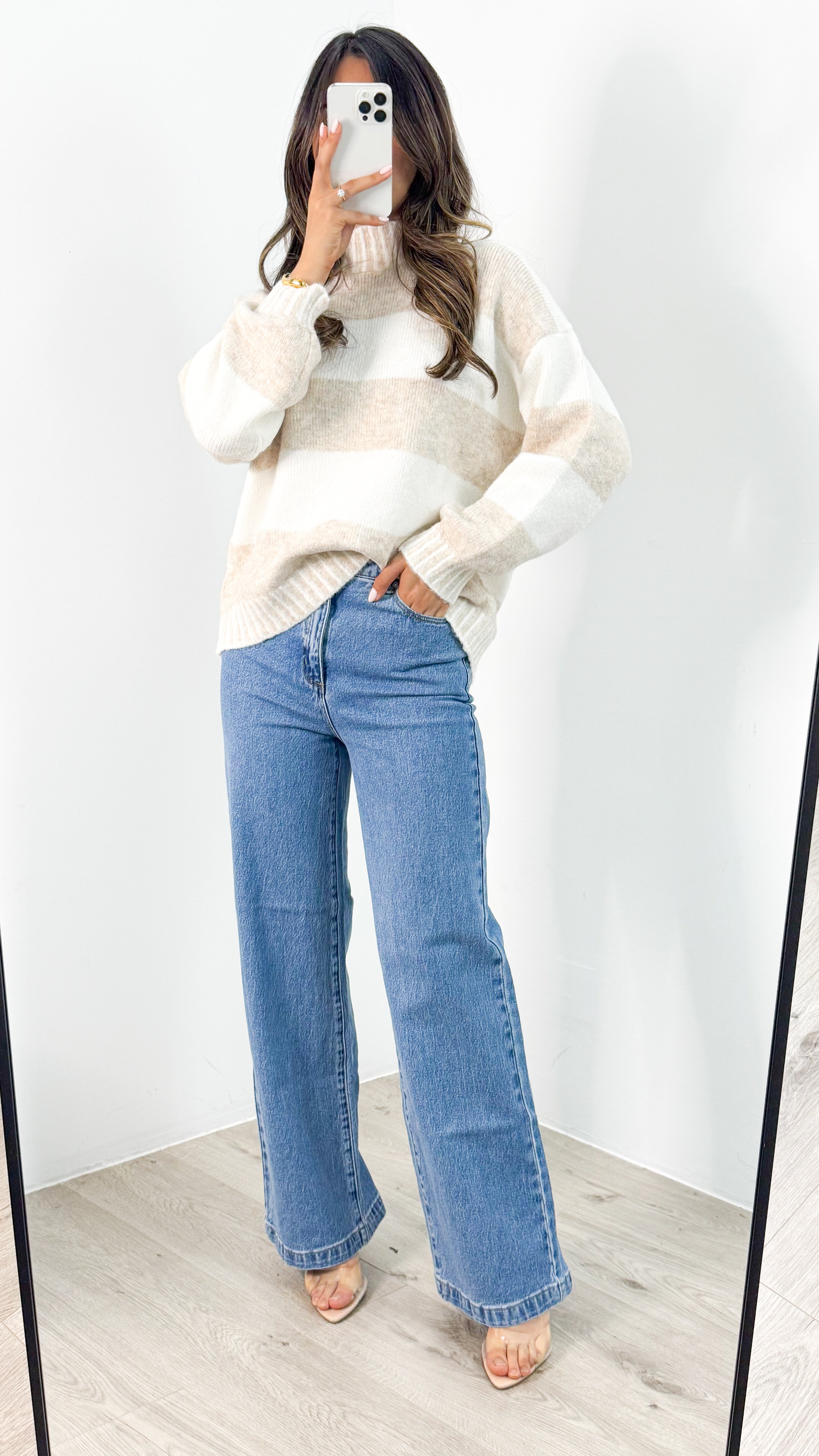 BESSIE BLOCK STRIPE KNIT - LATTE/WHITE