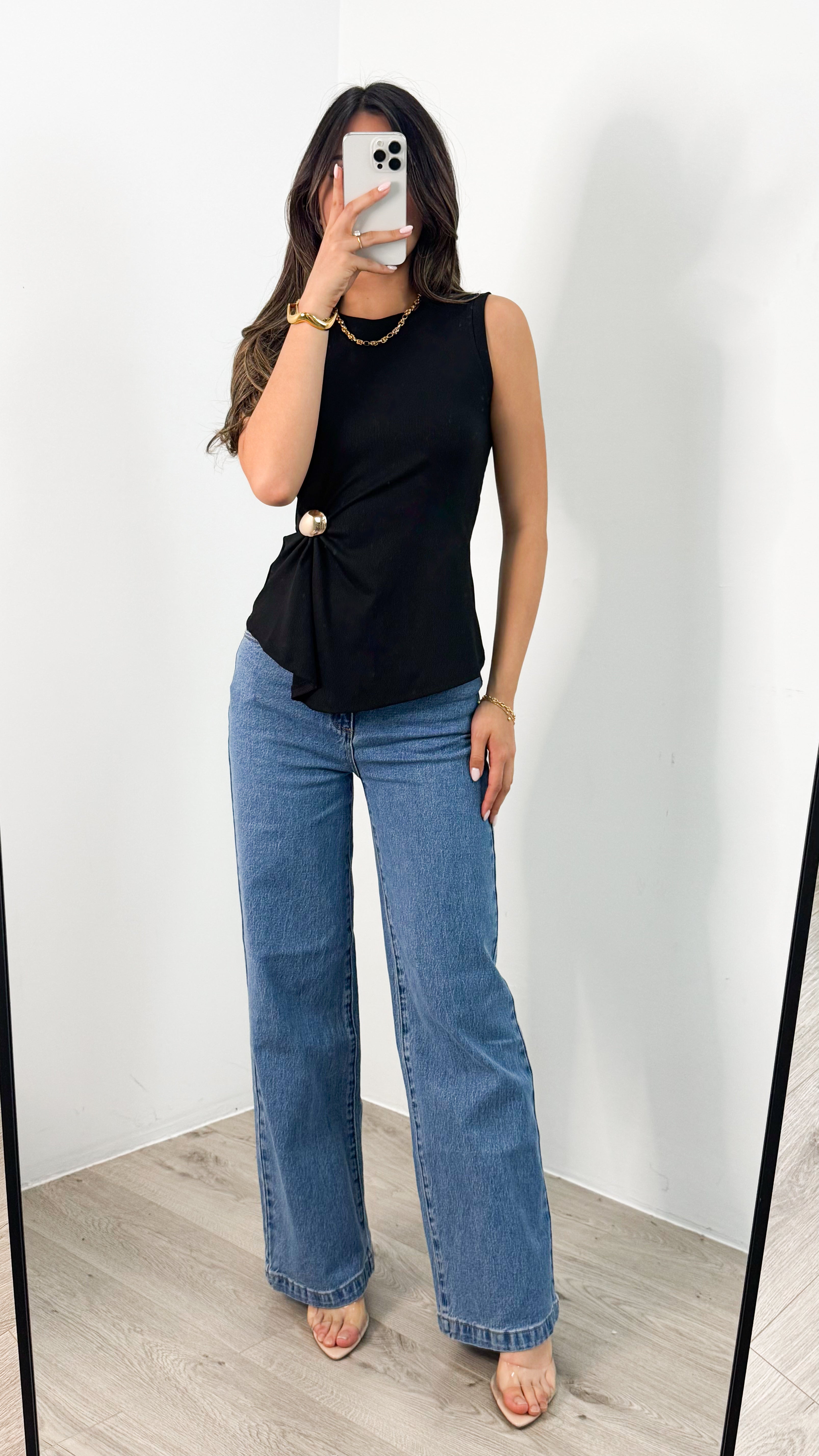 STACEY RIBBED TOP - BLACK