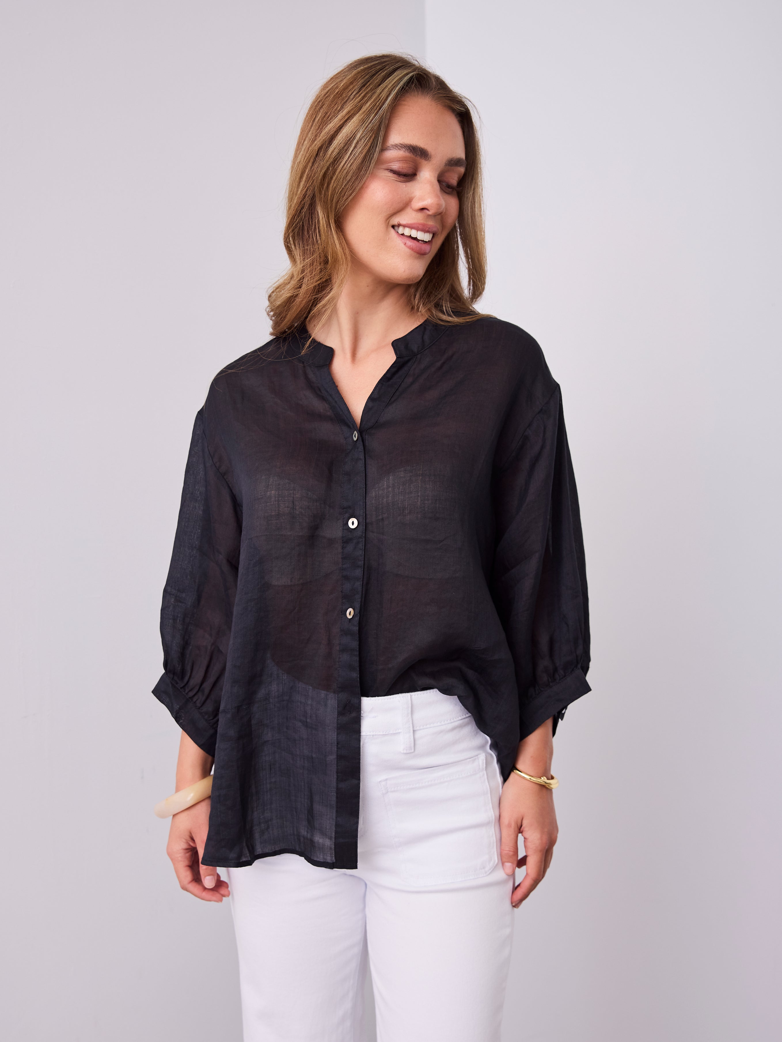 MARTA LINEN SHIRT - BLACK