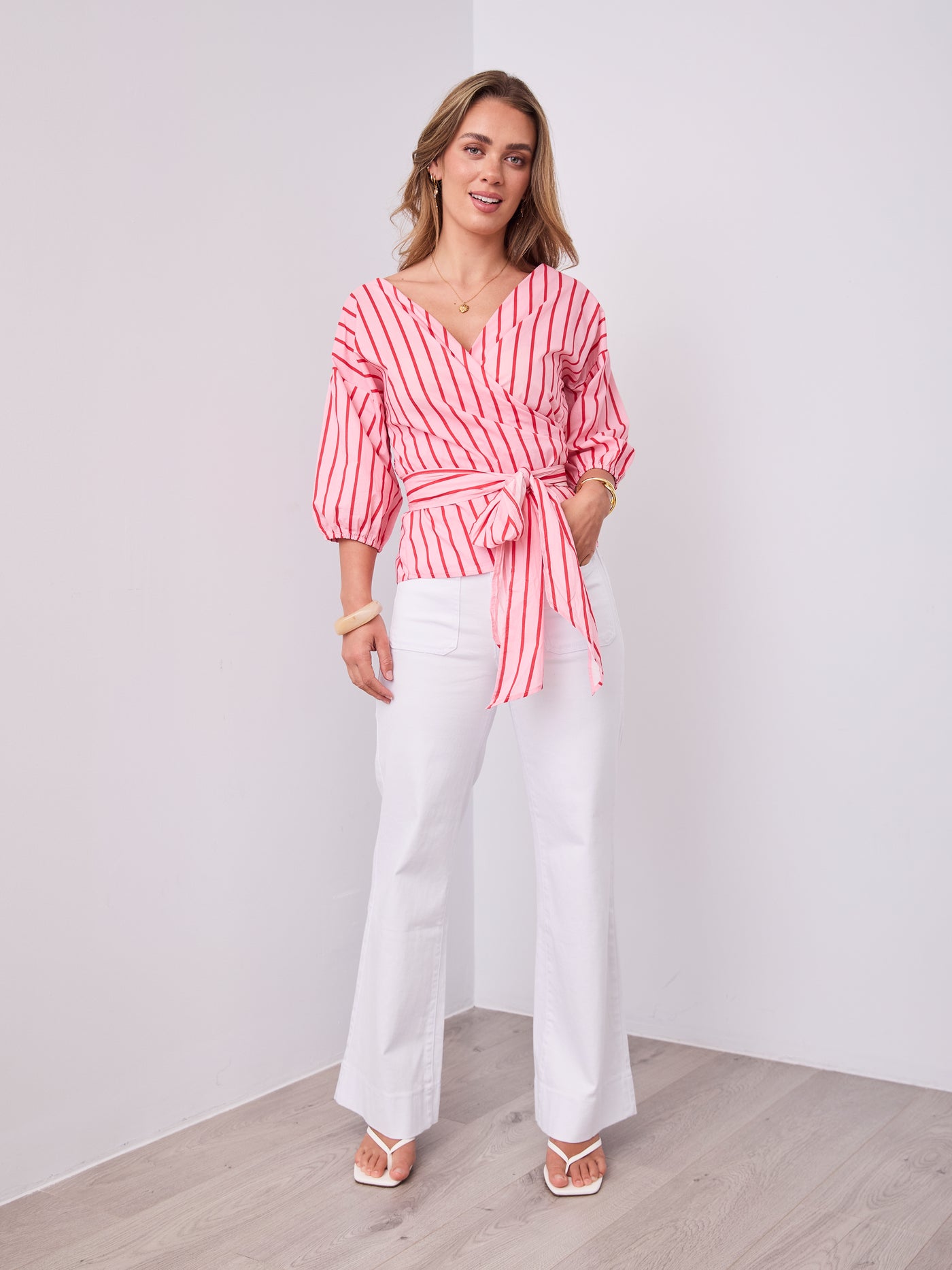 CANDICE STRIPE WRAP SHIRT - PINK