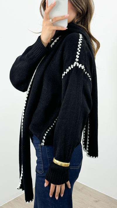 PARIS STITCH KNIT WITH SCARF - BLACK
