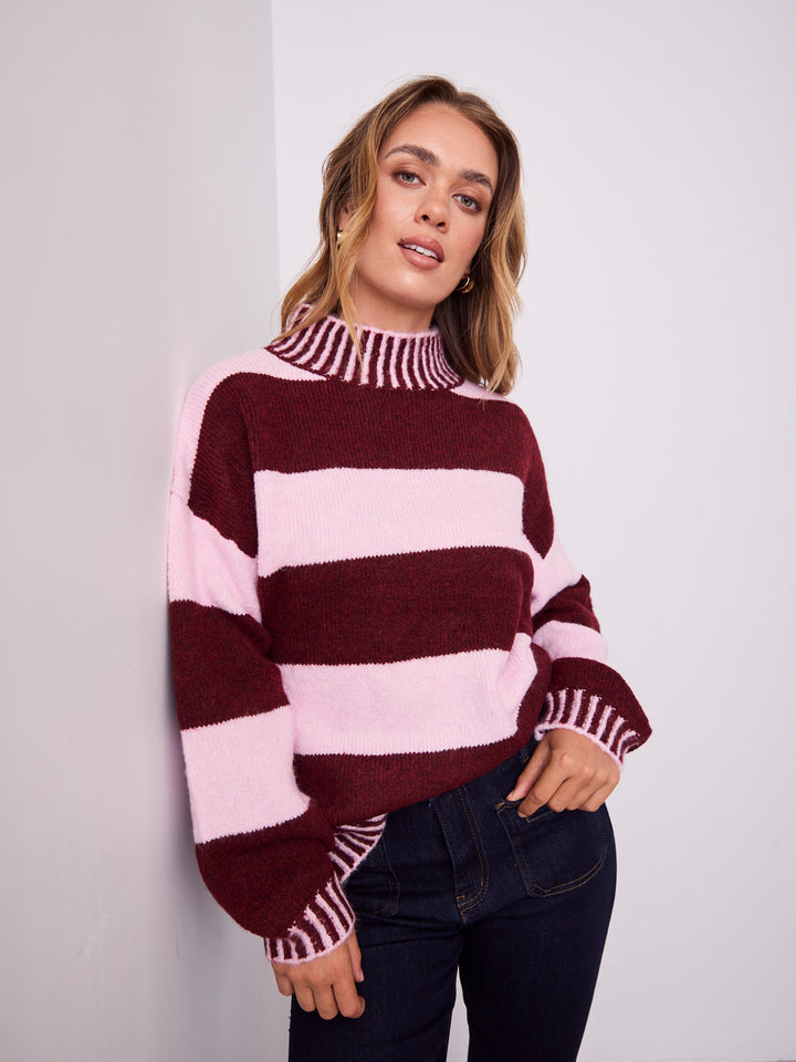 BESSIE BLOCK STRIPE KNIT - WINE/PINK