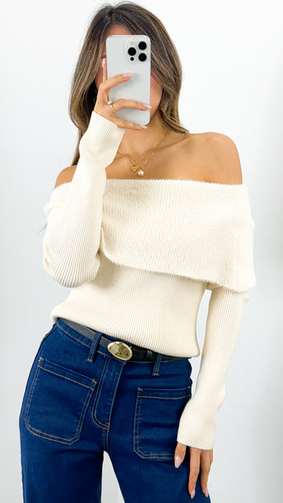 CARLY OFF SHOULDER KNIT TOP - CREAM