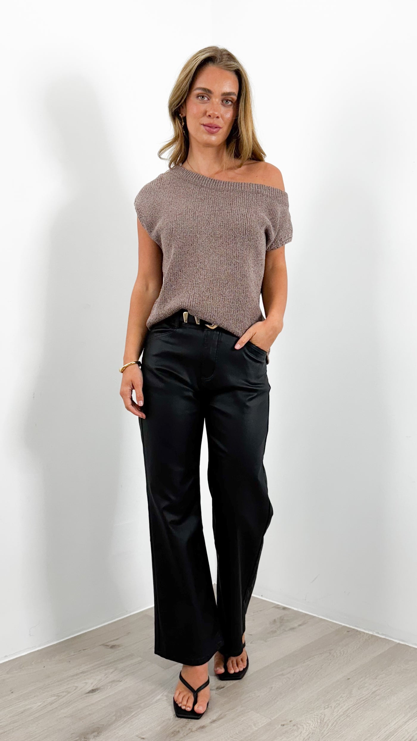 PERRY WAXED LOOK STRETCH WIDE LEG JEAN - BLACK