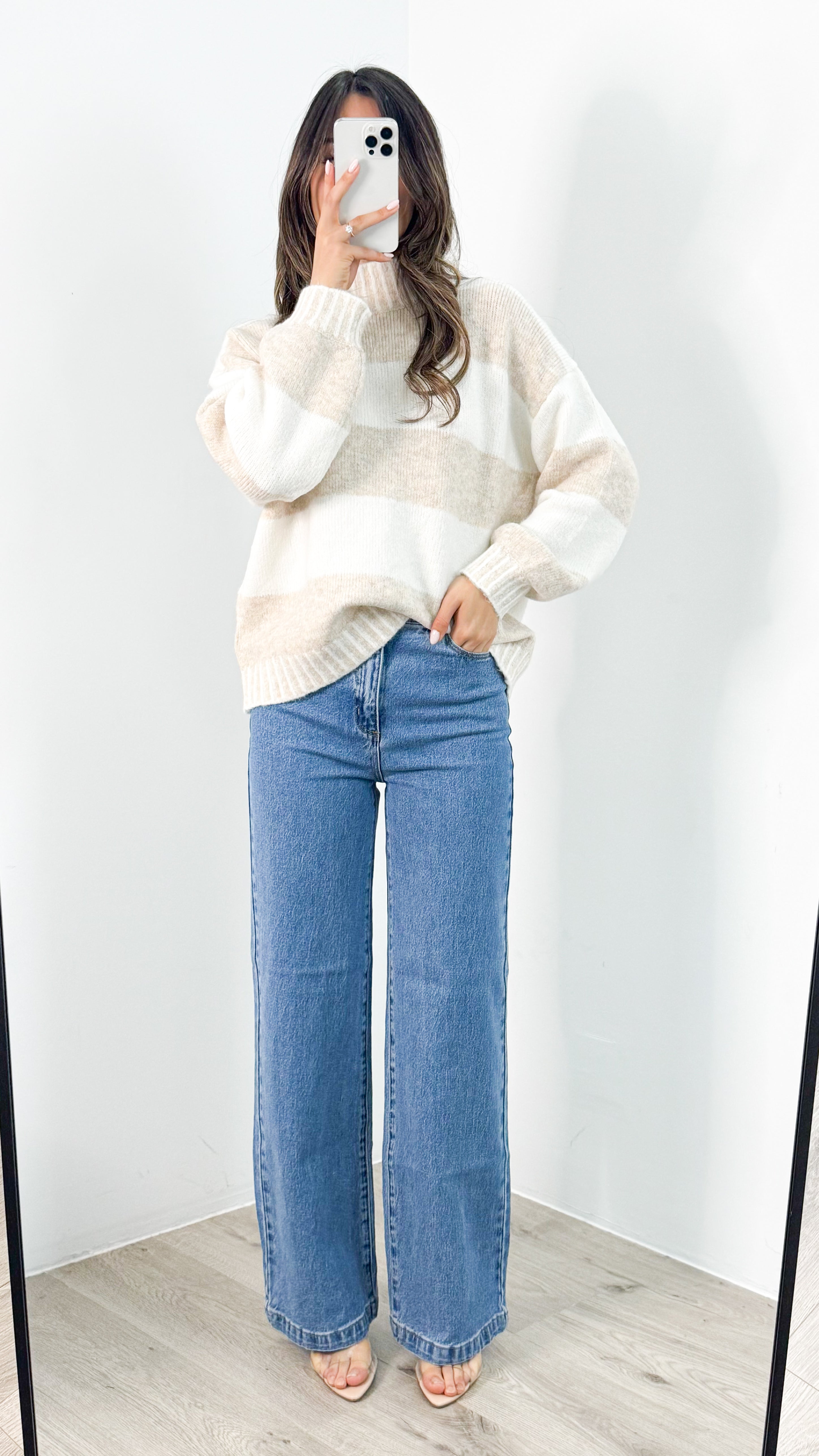 BESSIE BLOCK STRIPE KNIT - LATTE/WHITE